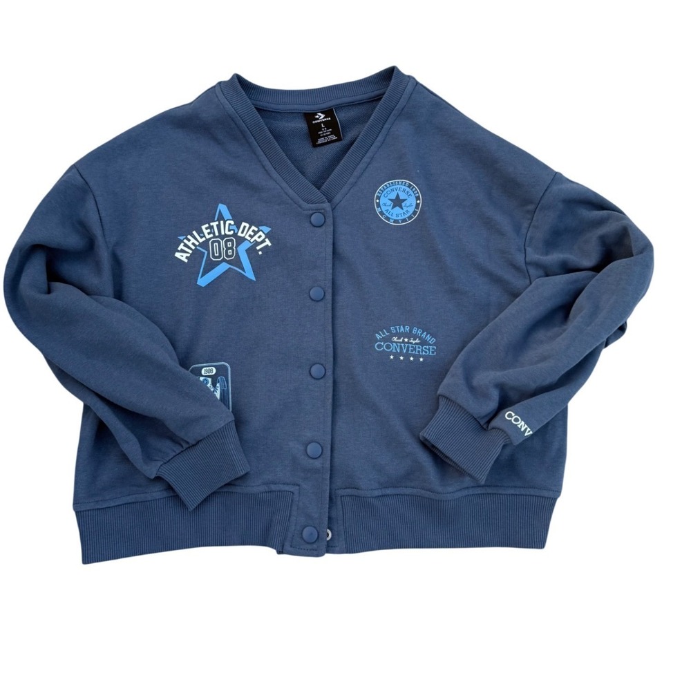 Converse All Star Girls Large Blue Athletic Dept Graphic Snap Front Cardigan